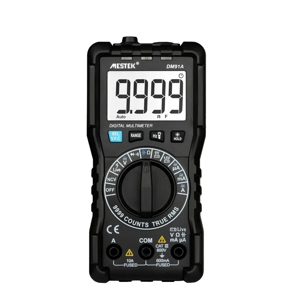 Front view of the DM91A digital multimeter showing display, buttons, and test lead ports.