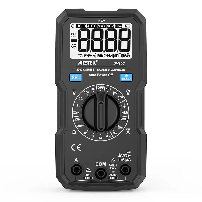 DM95C compact handheld multimeter with 2000 counts and essential testing features.