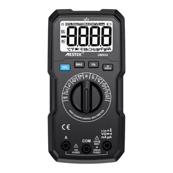 DM90A digital multimeter with auto-ranging and 4000 counts.