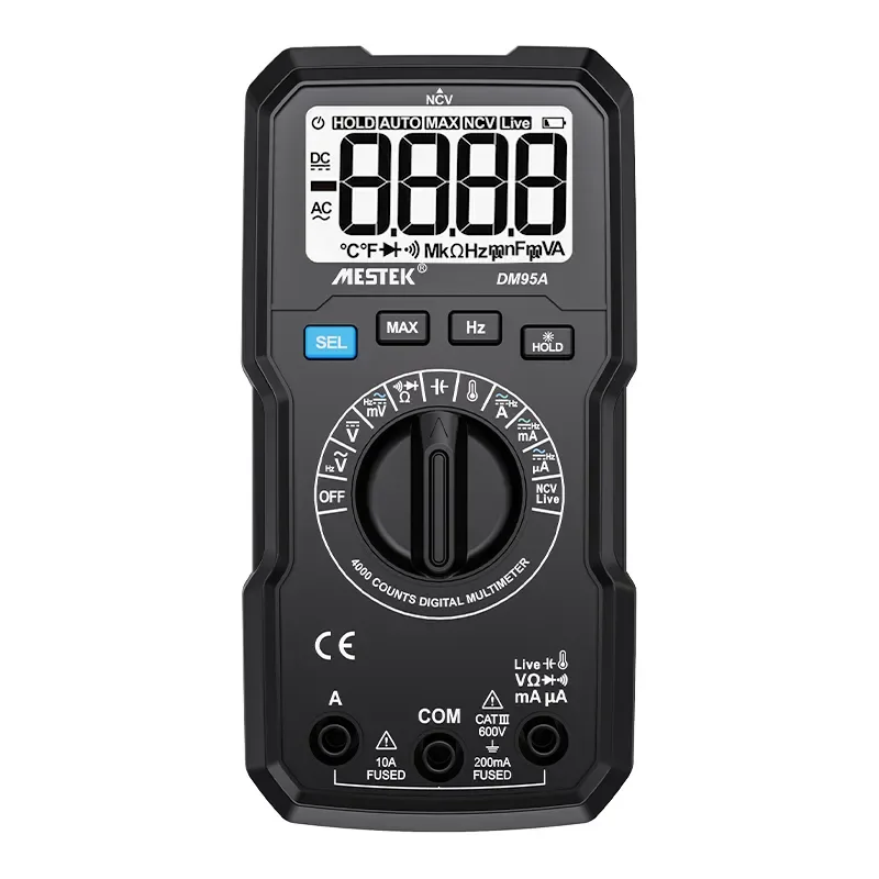 DM95A digital multimeter front view with display and function dial clearly visible