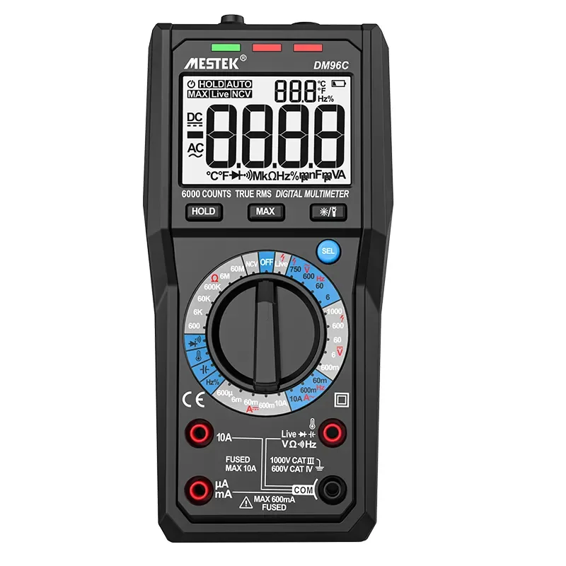 Professional digital multimeter with True-RMS and temperature measurement up to 1000°C.
