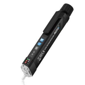 Compact AC20 voltage detector with dual voltage ranges and LED flashlight for visibility.