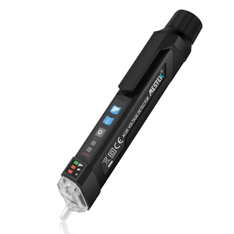 Compact AC20 voltage detector with dual voltage ranges and LED flashlight for visibility.