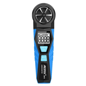 Anemometer AM10 wind speed and temperature measurement device with adjustable wind speed settings.