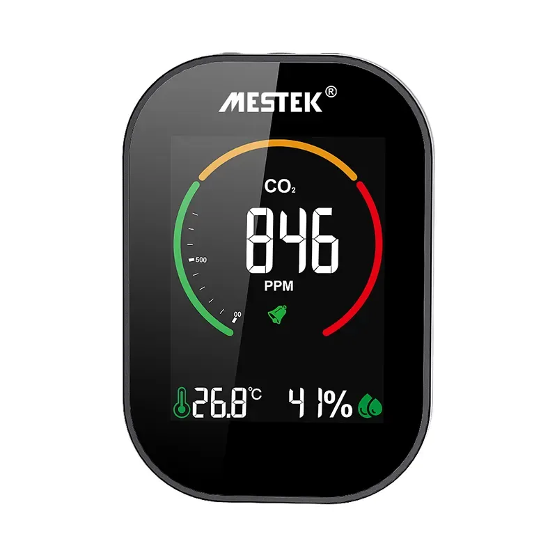Carbon Monoxide Tester with color display for CO, temperature, and humidity readings.