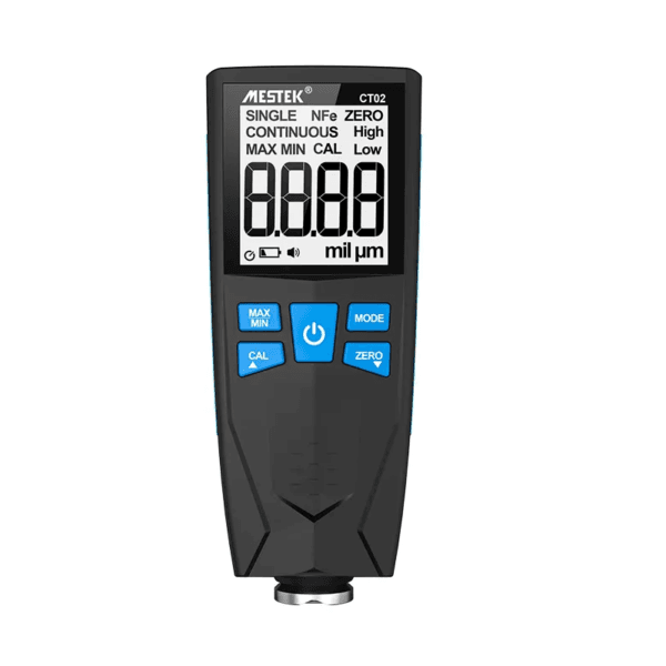 Front view of the Paint Thickness Gauge CT02C, showing a clear display and button layout.