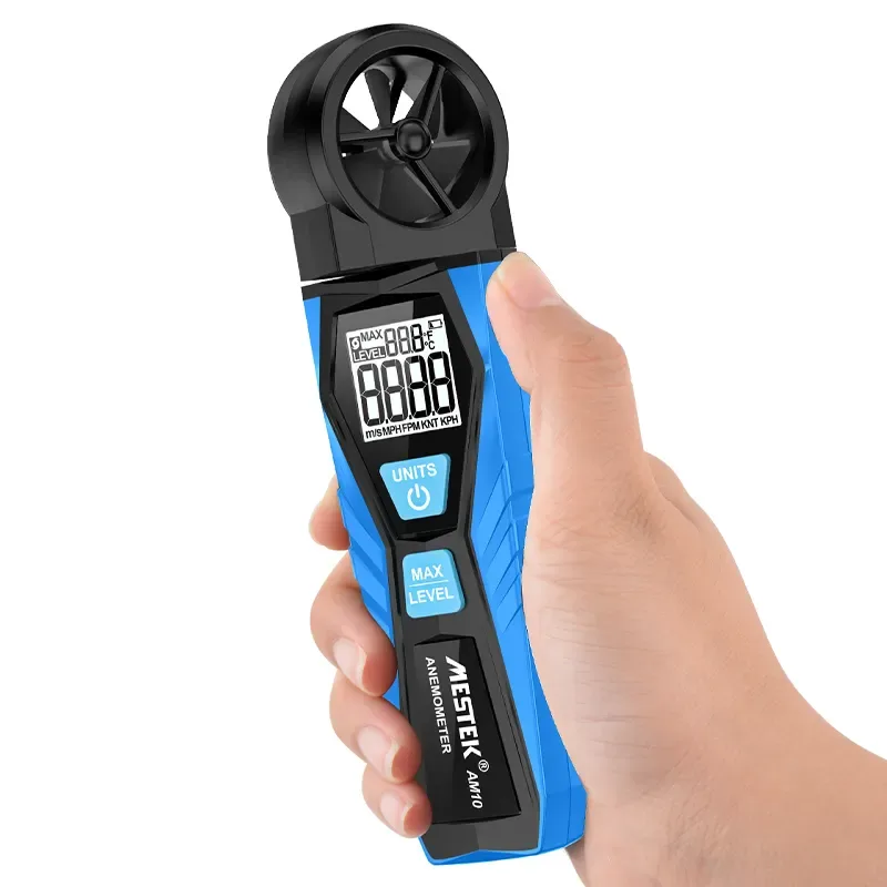Anemometer AM10 displaying wind speed range from 1.1 to 30 m/s and temperature range from -10°C to 60°C.