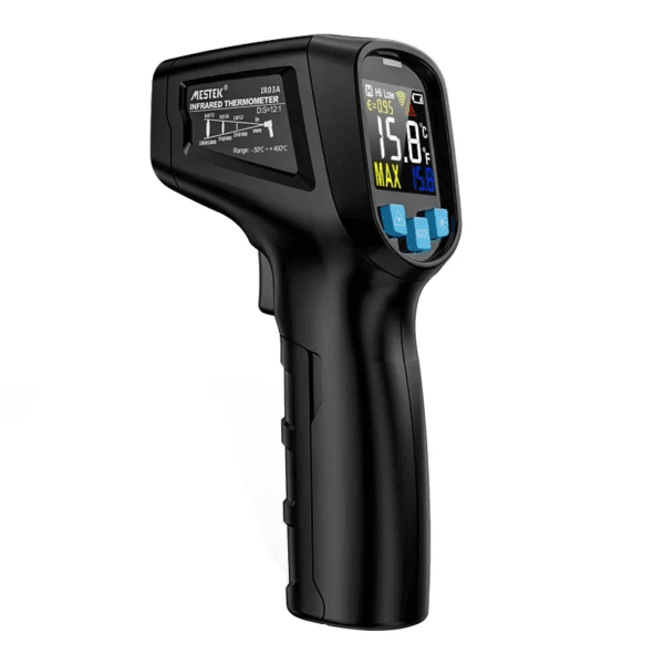 The IR03A infrared thermometer features dual temperature measurement modes (Celsius/Fahrenheit) for greater convenience.