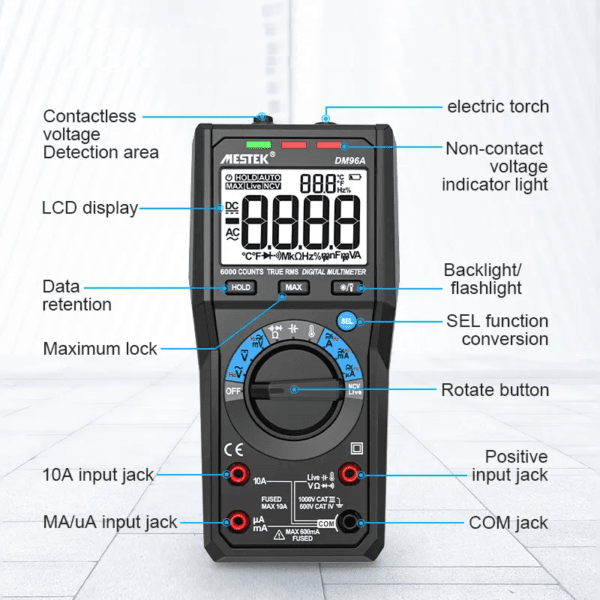 DM96A Automatic Multimeter with 6000 Counts and 10A Current Measurement