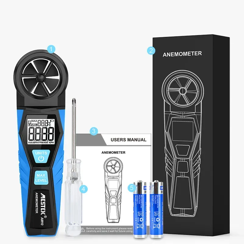 Anemometer AM10 used in environmental and HVAC applications, measuring wind speed and temperature.