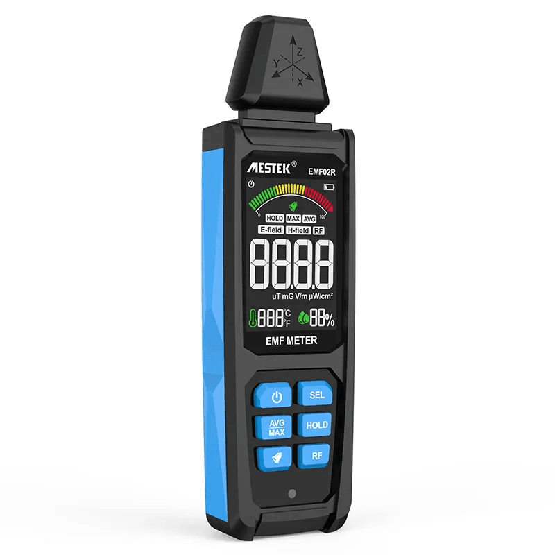 The EMF02R electromagnetic detector display screen shows the electromagnetic radiation value and ambient temperature in real time.