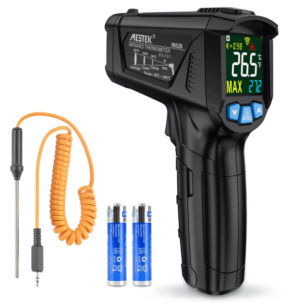 IR02B infrared thermometer with a K-type thermocouple probe for more accurate liquid temperature readings.