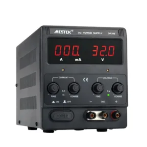Front view of DC Power Supply DP305 showing control panel, adjustable knobs, and digital display