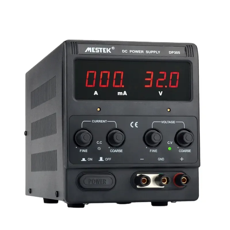 Front view of DC Power Supply DP305 showing control panel, adjustable knobs, and digital display