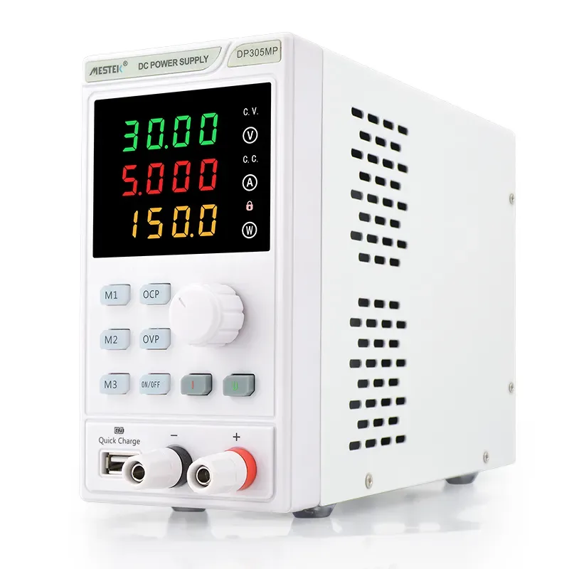 Front view of DC Power Supply DP305MP showing the encoder switch, single output switch, and 4-digit display