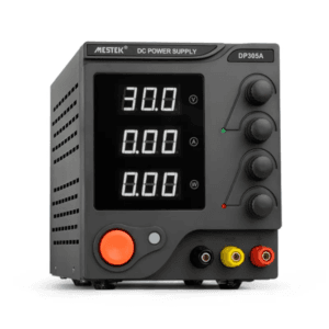 Front view of DC Power Supply DP305A showing control panel, adjustable knobs, and digital display
