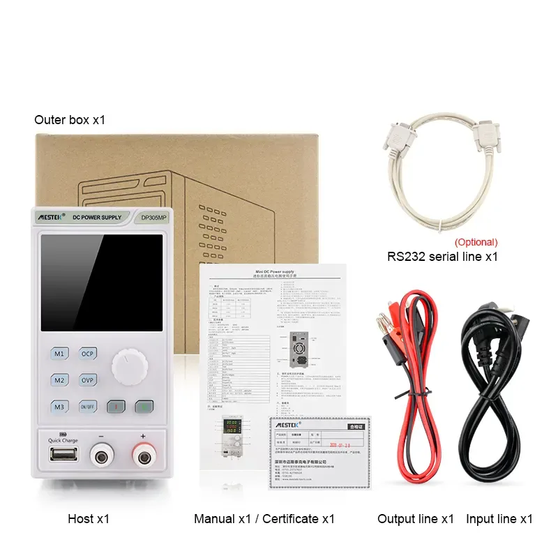 Accessories and power setup of DC Power Supply DP305MP showing USB charging port and included cables