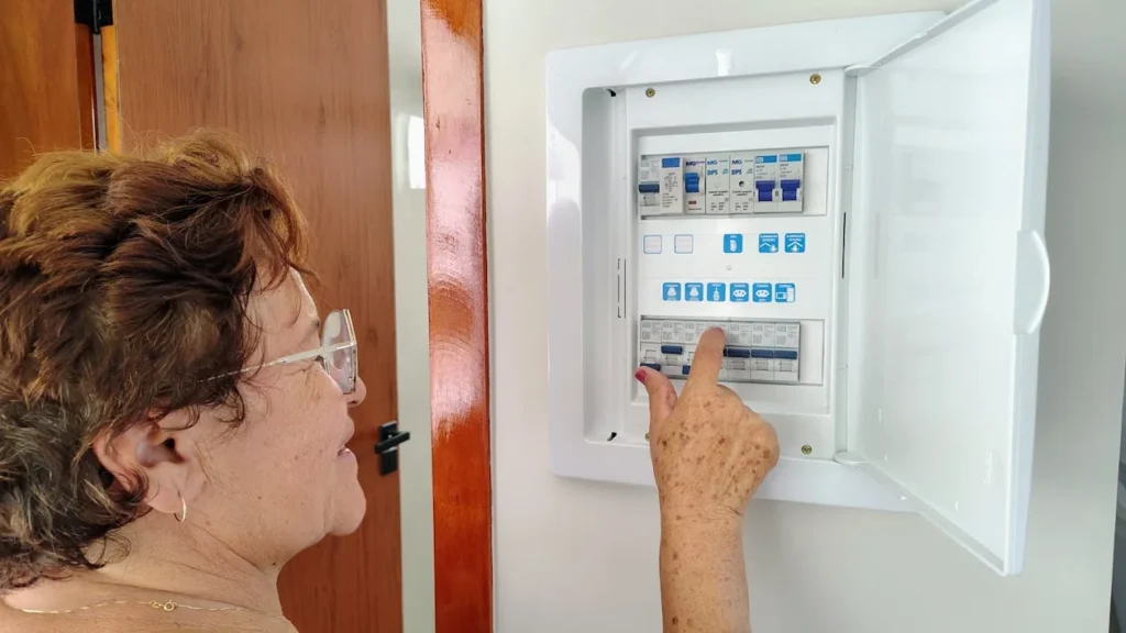 A woman attempting to adjust the electrical fuse