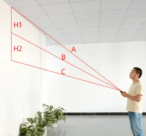 A man is measuring the ceiling with a laser measuring tool.