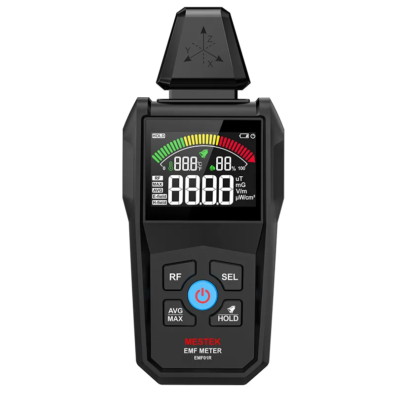 Front view of the EMF01R electromagnetic field detector with VA color screen and high-contrast display.