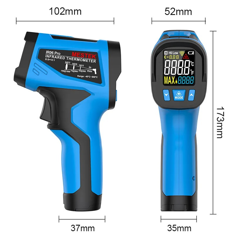 The image depicts the external parameters of the IR06 infrared laser thermometer.