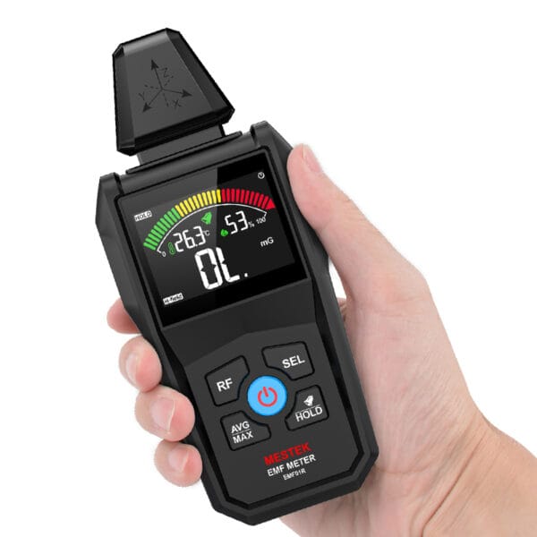 Person holding the EMF01R EMF detector, demonstrating its compact and ergonomic handheld design.