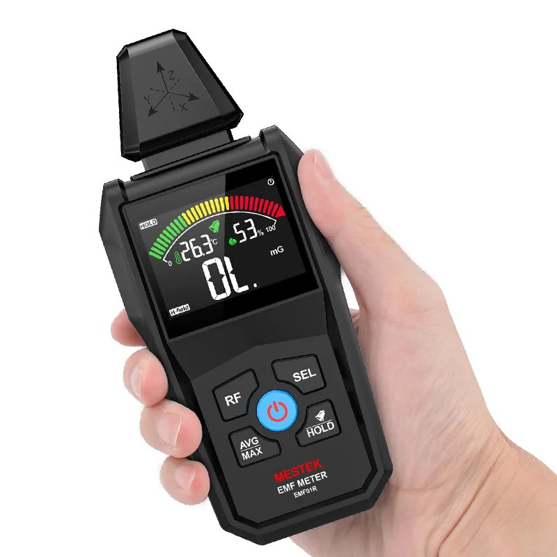 Person holding the EMF01R EMF detector, demonstrating its compact and ergonomic handheld design.
