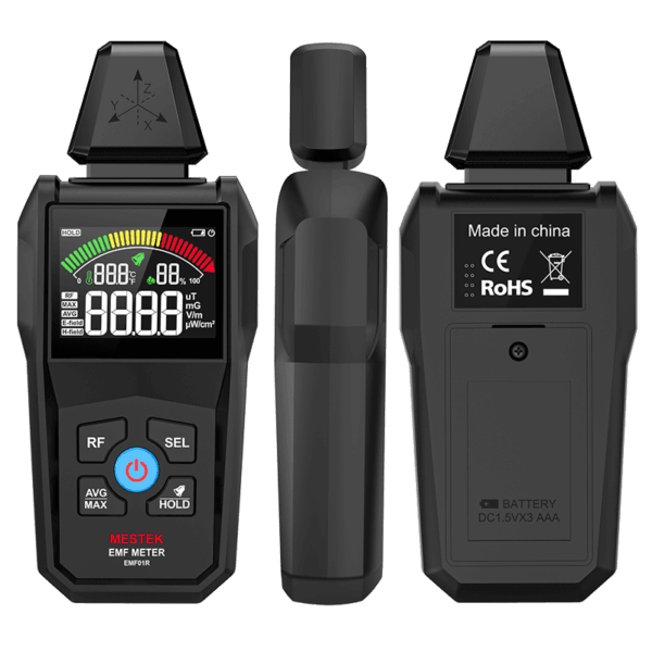 Three-dimensional angled view of the EMF01R digital EMF meter showing overall structure and build.