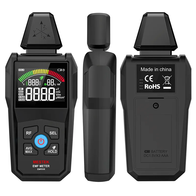 Three-dimensional angled view of the EMF01R digital EMF meter showing overall structure and build.