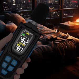 The picture shows a sound level meter testing the noise level in the bedroom at night.