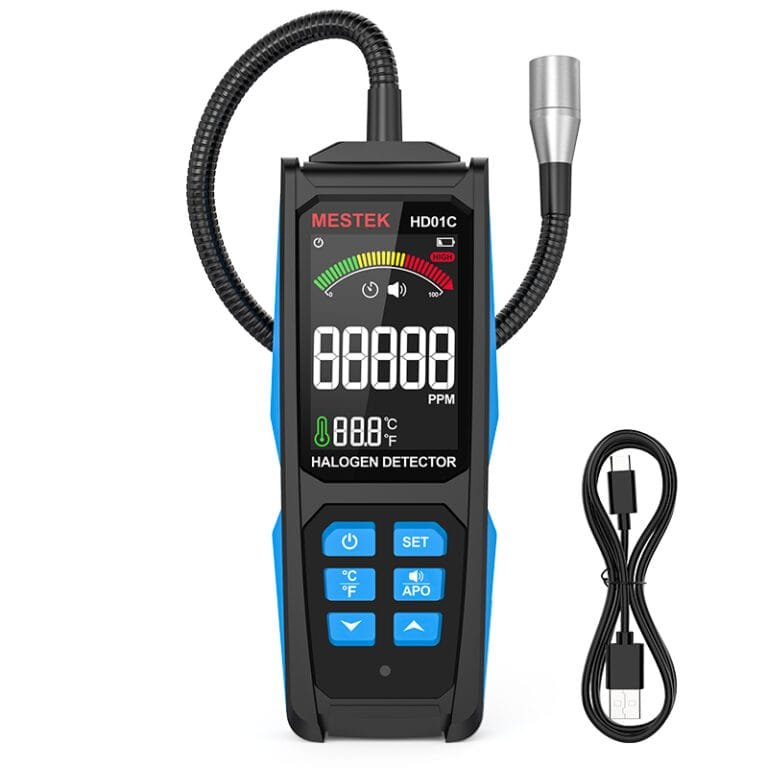 Image depicting the features of a Halogen Leak Detector HD01C with a rechargeable USB Type-C port