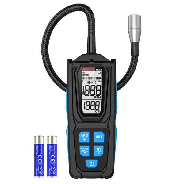 The image shows the triple alarm function of the MESTEK Halogen Leak Detector HD02, which has an alarm accuracy of 600PPM.