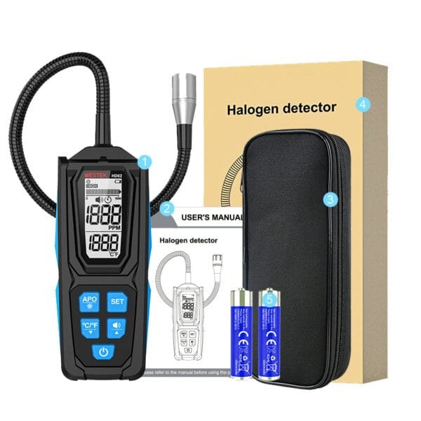The image shows the packaging information of the MESTEK Halogen Leak Detector HD02