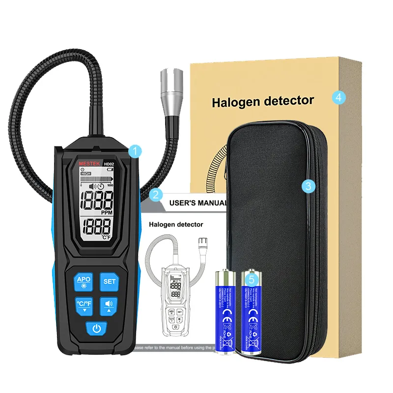 The image shows the packaging information of the MESTEK Halogen Leak Detector HD02