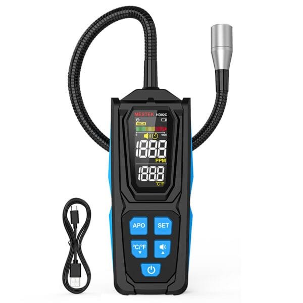 The image shows the triple alarm function of the MESTEK Halogen Leak Detector HD02C, which has an alarm accuracy of 600PPM.
