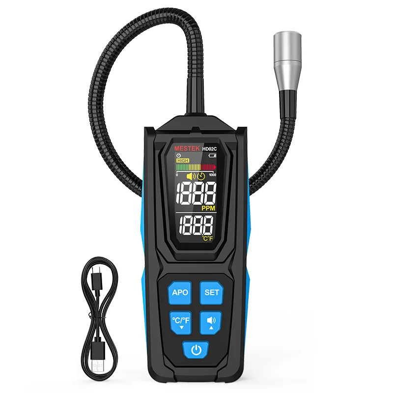 The image shows the triple alarm function of the MESTEK Halogen Leak Detector HD02C, which has an alarm accuracy of 600PPM.