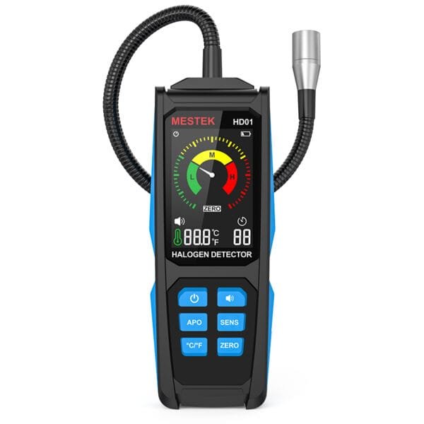 The image depicts the front function information of the Halogen Leak Detector HD01.