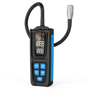 The image shows the triple alarm function of the MESTEK Halogen Leak Detector HD02C, which has an alarm accuracy of 600PPM.