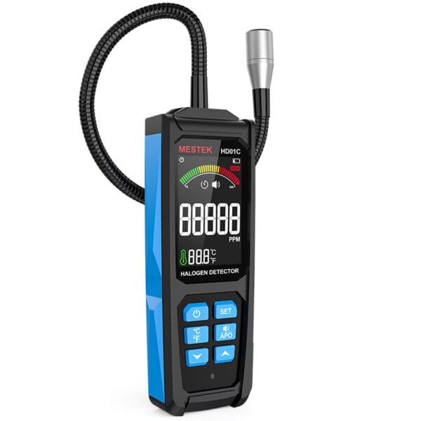 The image depicts the appearance of the Halogen Leak Detector HD01C with a rechargeable USB Type-C port.