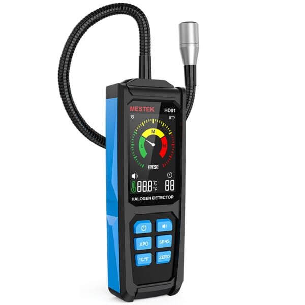 The image depicts the appearance and features of the Halogen Leak Detector HD01.