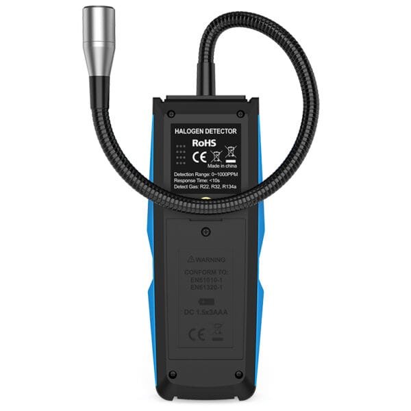 The image depicts the back of the MESTEK Halogen Leak Detector HD01.