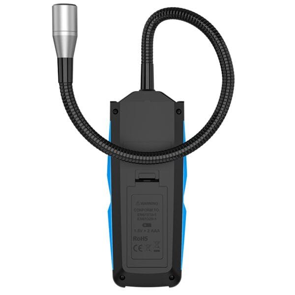 The image shows the battery backend information of the MESTEK Halogen Leak Detector HD02.