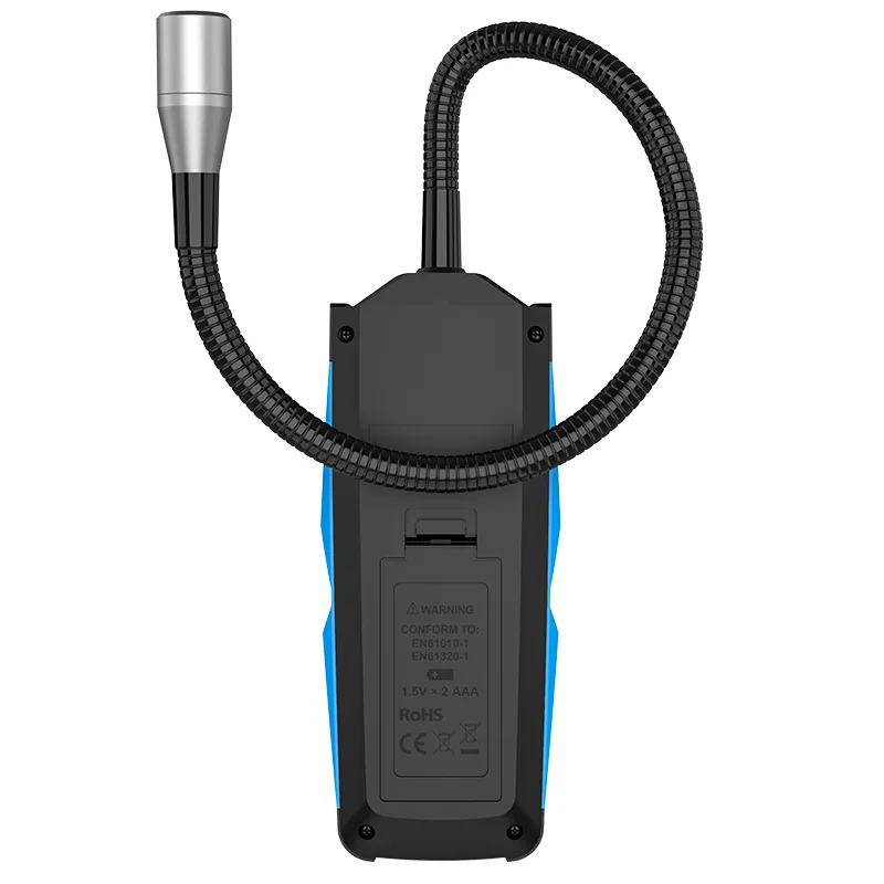 The image shows the battery backend information of the MESTEK Halogen Leak Detector HD02.