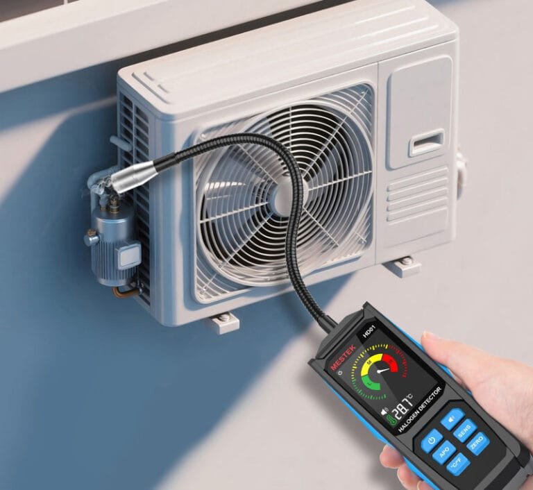 Mestek halogen leak detector HD01 is detecting air conditioning gas leakage