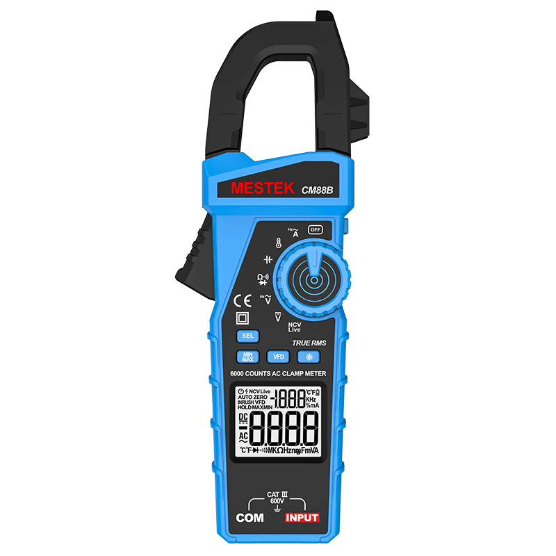 The picture shows a TRMS clamp meter that supports VFD function and K-type temperature test.