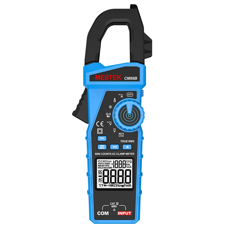 The picture shows a TRMS clamp meter that supports VFD function and K-type temperature test.