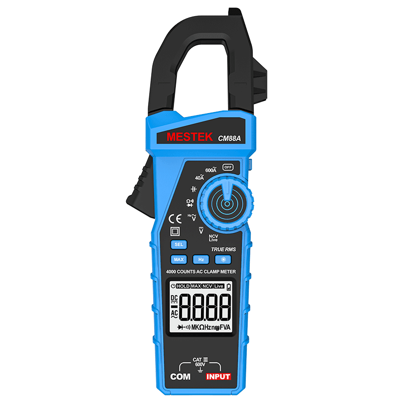 The picture shows a TRMS clamp meter with VFD function and overload indication