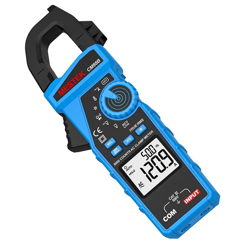 The picture shows a Mestek TRMS clamp meter