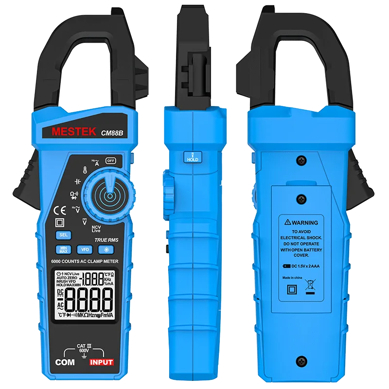 The picture shows a 3D display of a TRMS clamp meter that supports VFD function and K-type temperature testing.