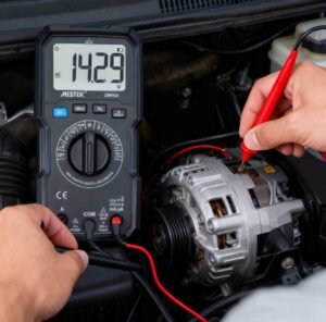 An electrical engineer is using a multimeter to measure a car alternator.